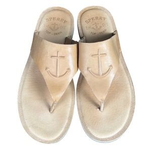 Sperry Top-Sider Seaport Womens Tan Leather Anchor Thong Sandals Flip Flops 8.5